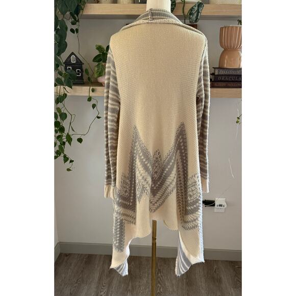 Dreamers Open Front Cardigan Cream Gray Striped Waterfall Hem Aztec Print S/M - Picture 2 of 8